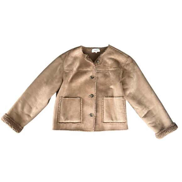 Xirena Women’s Thayer Suede Driftwood Tan Shearling Collarless Boxy Jacket Sz S - Picture 2 of 10